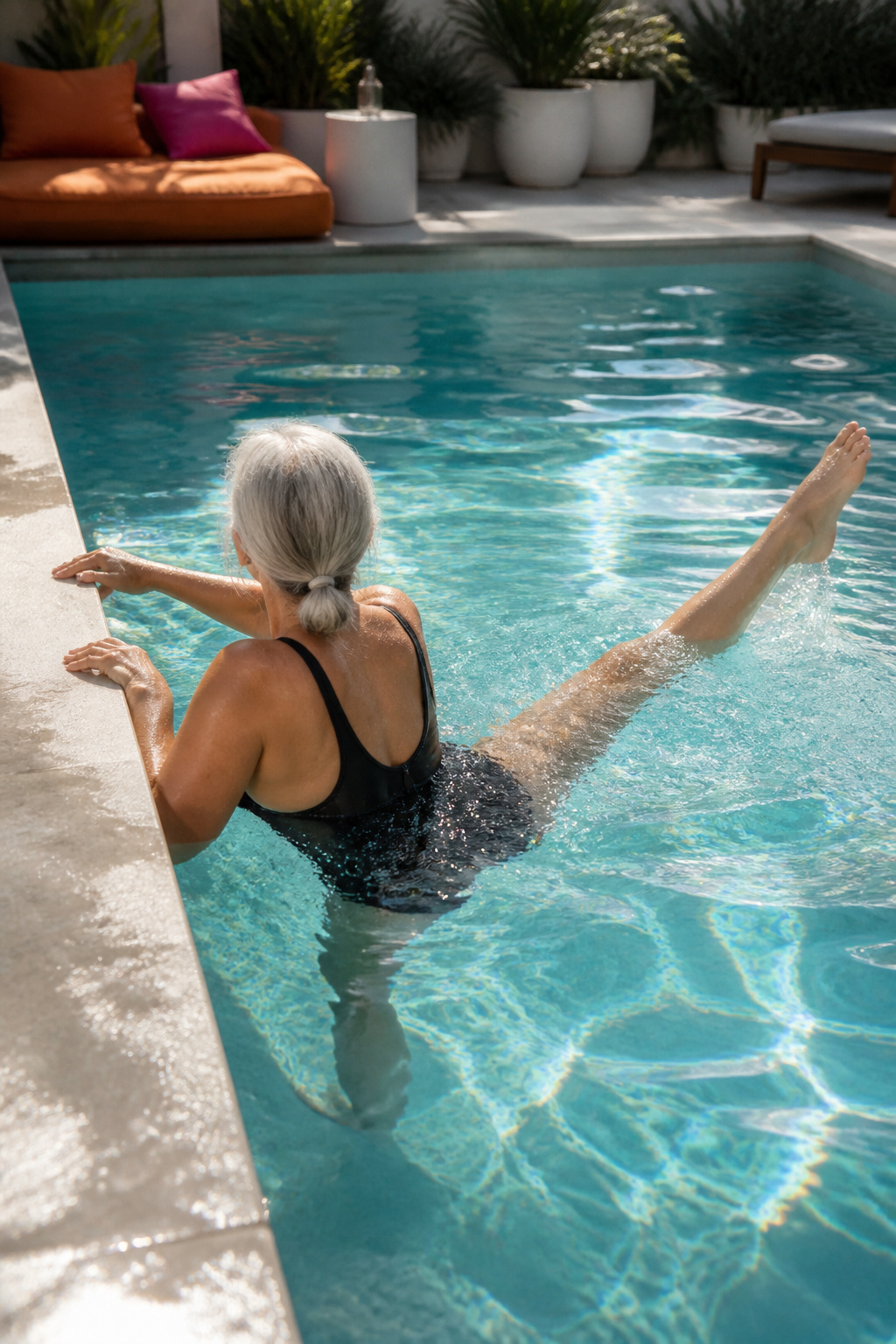 Individual doing leg lifts while holding the pool edge.