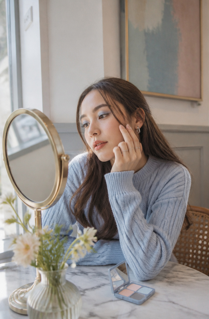 A model with pale blue eyeshadow blended softly in a café.