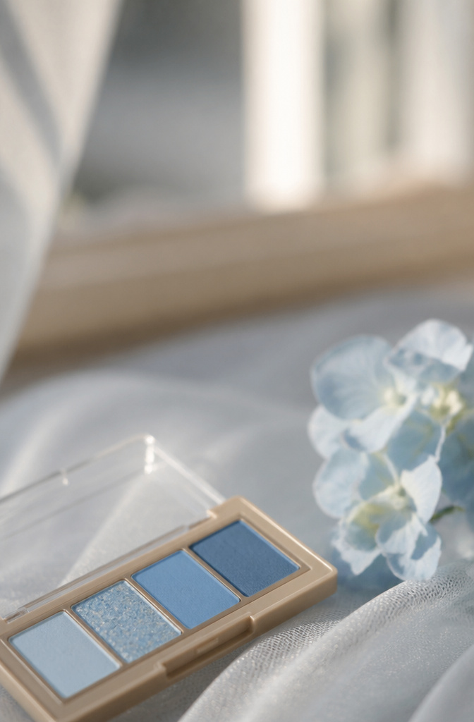 Model wearing sheer baby blue eyeshadow on her eyelids.