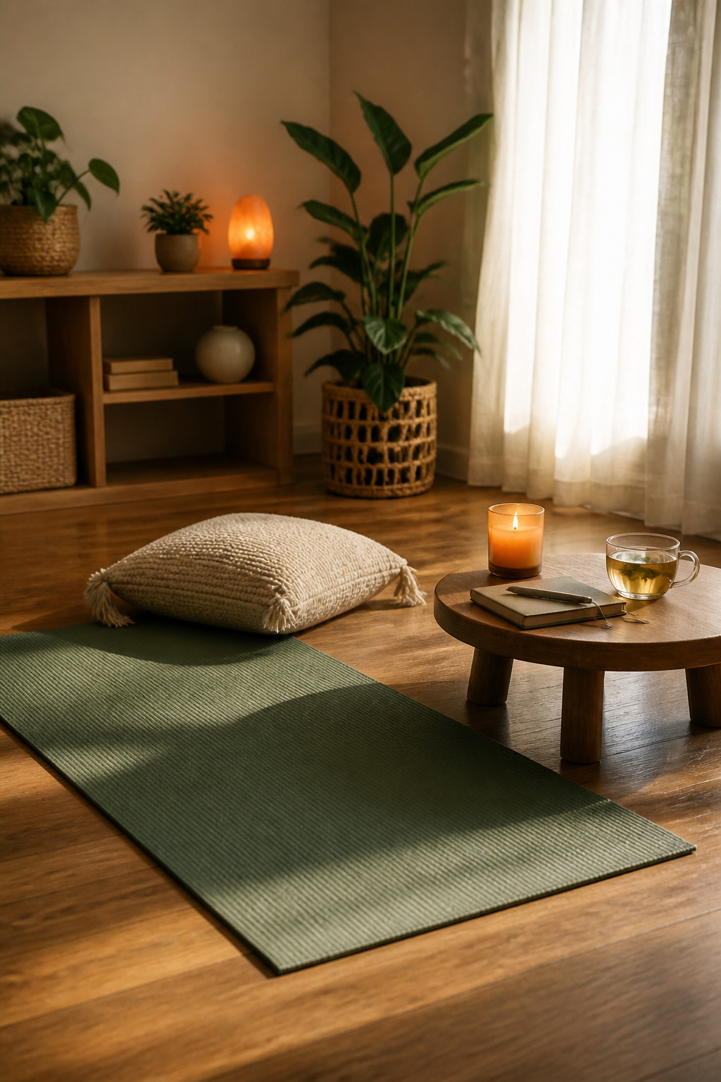 Yoga mat, candle, tea cup, and journal arranged in a serene space.