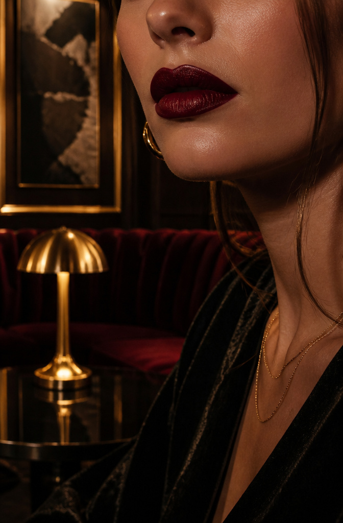 Makeup Dark Aesthetic: 5 Steps for Smoky Eyes, Plum Blush and Bold Lips 5 Close-up of model's lips wearing dark berry lipstick.