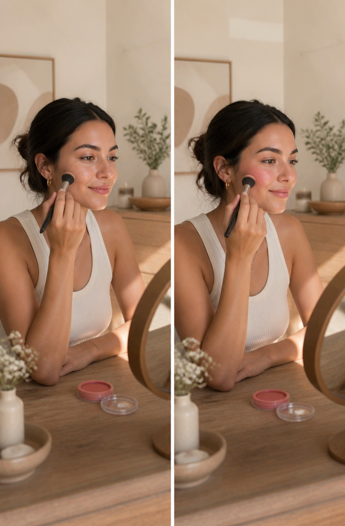 A model applying cream blush to her cheeks with a dense brush.