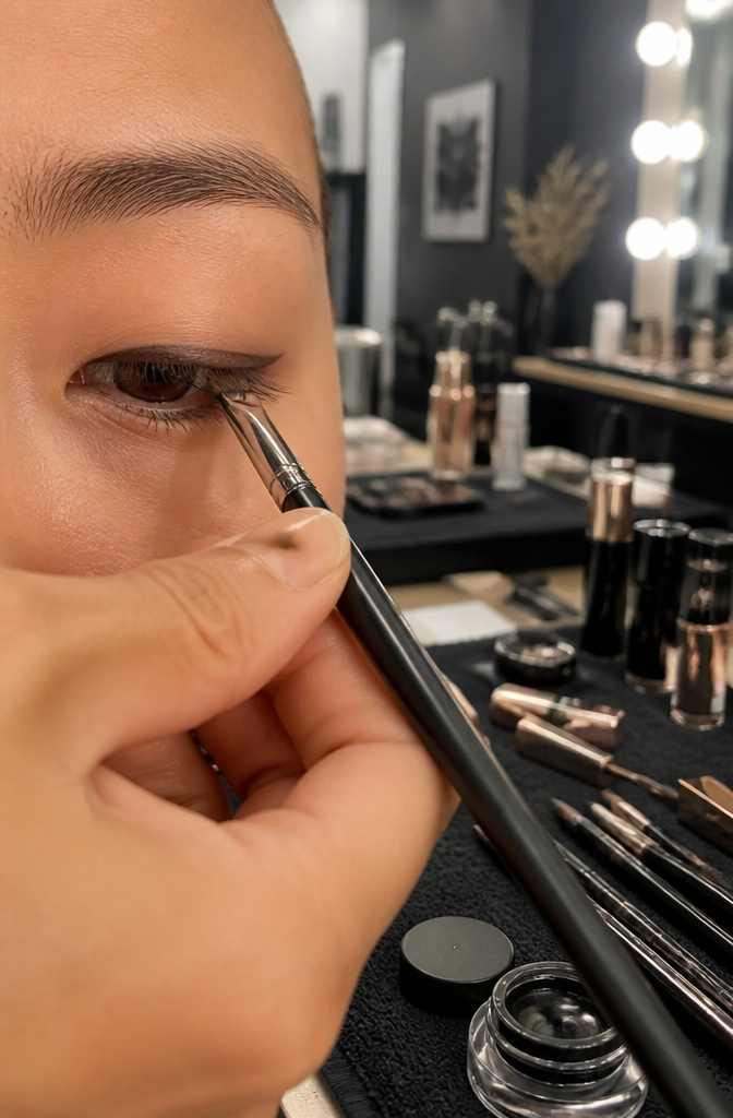 Close-up of monolid eye with gel eyeliner tightlined along the upper waterline.