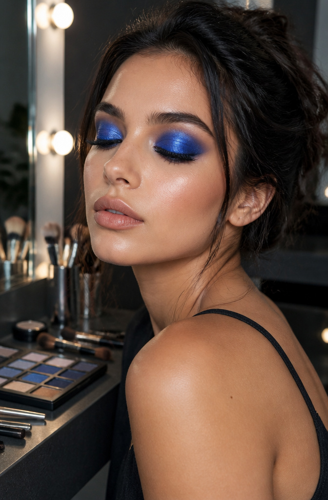 Model showcasing a bold royal blue eyeshadow on her eyelids.