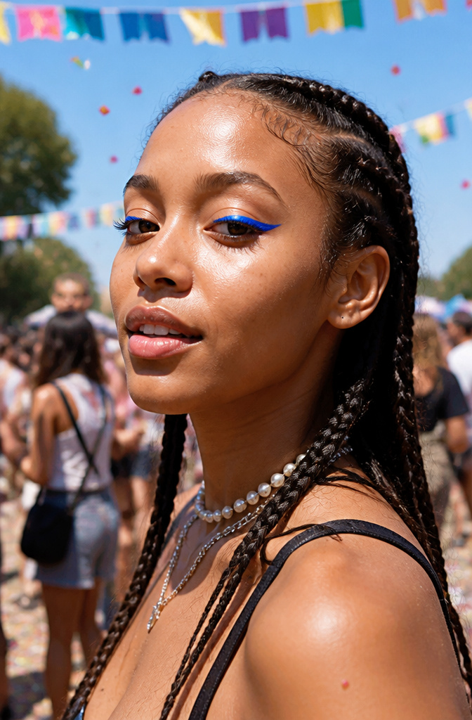 Model wearing bright blue eyeliner with a festival background.