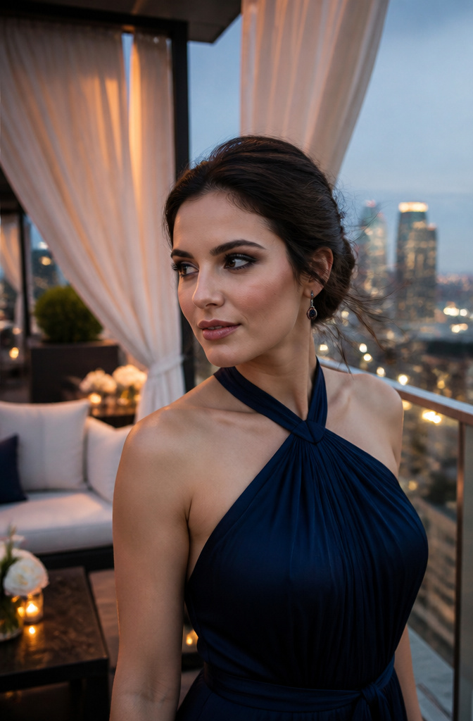 Bridesmaid with a smoky eye at a chic rooftop venue.