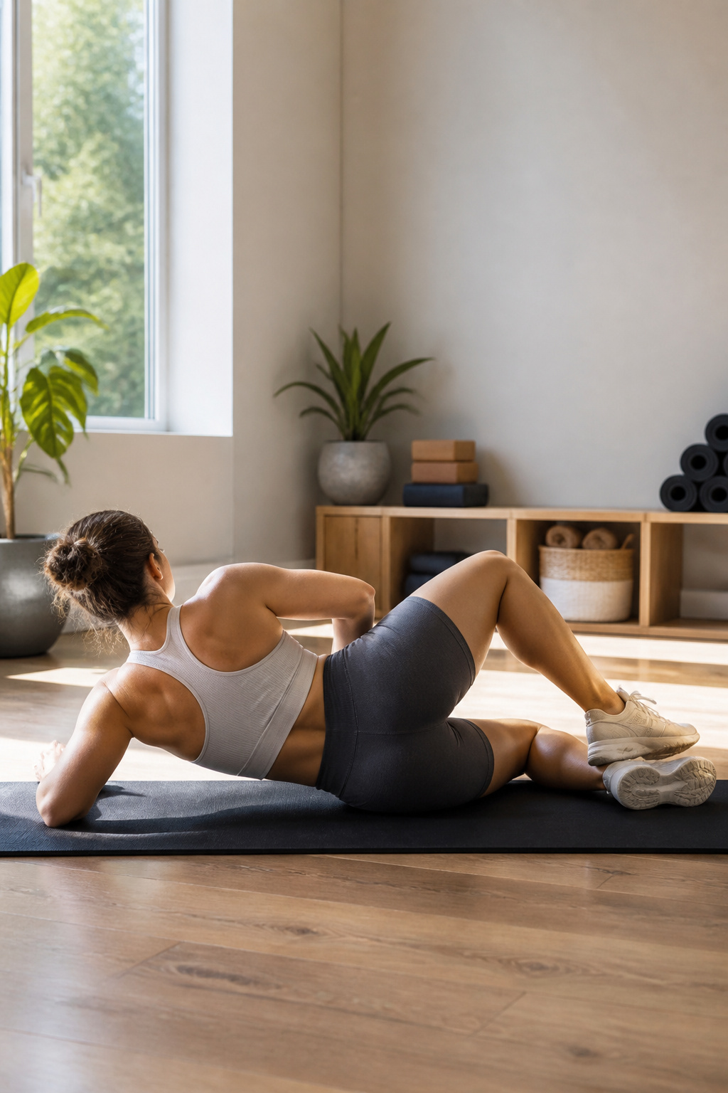 How to Get a Bigger Butt: 14 Steps for Building Glute Muscle 6 An athlete performing clamshells on a bright exercise mat.