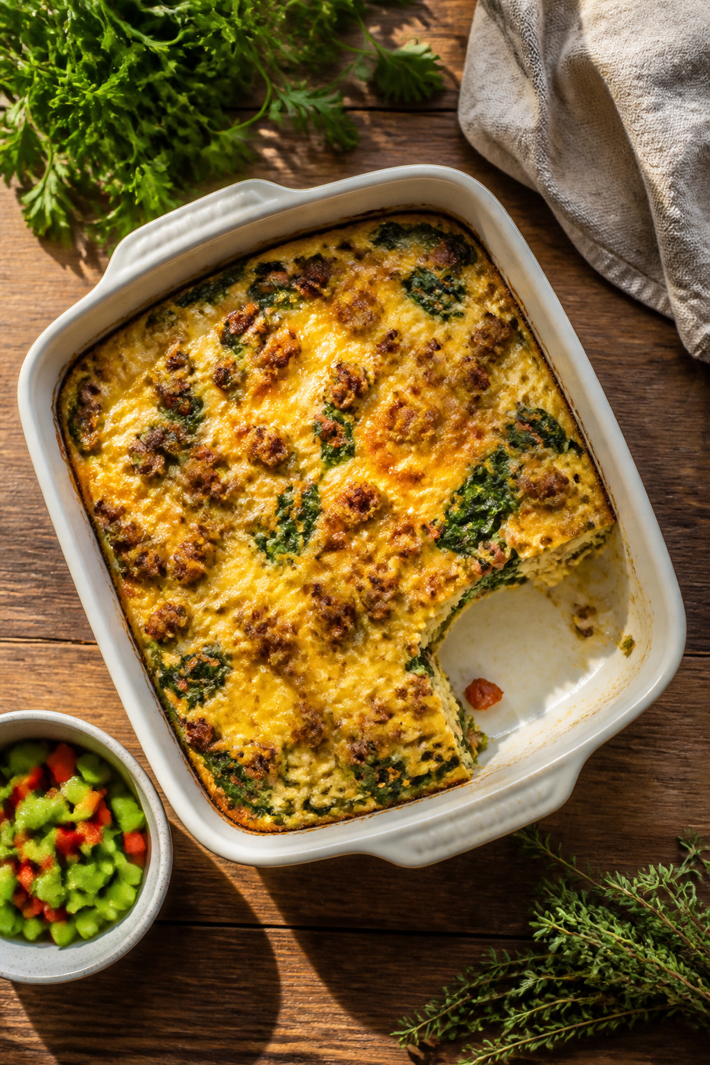 A pan of keto breakfast casserole with sausage, eggs, and cheese.