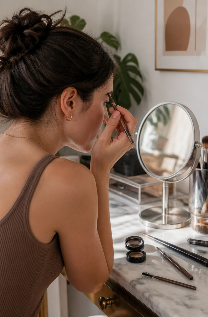 A model applying brow pencil to sparse areas of her brows.