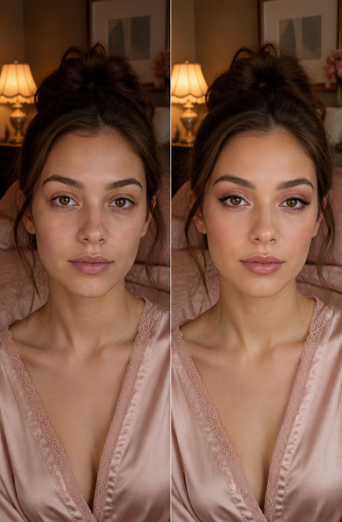 A model showcasing a soft pink cut crease eyeshadow look.