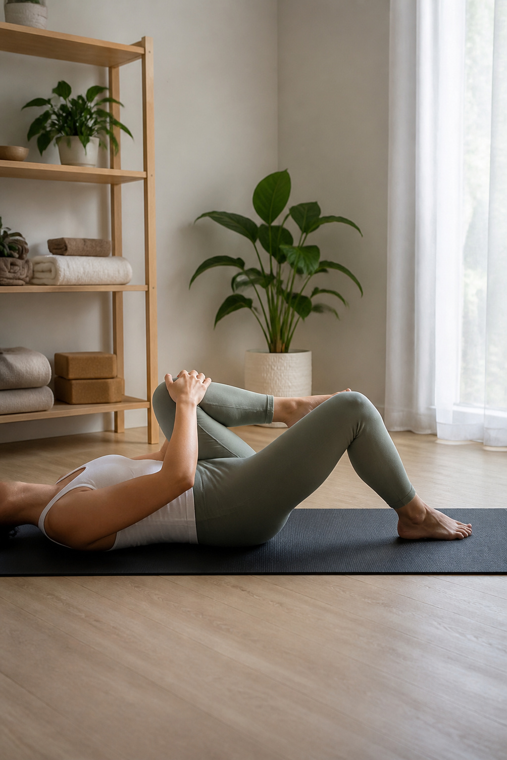 Individual demonstrating the figure four stretch with one leg crossed over the other.