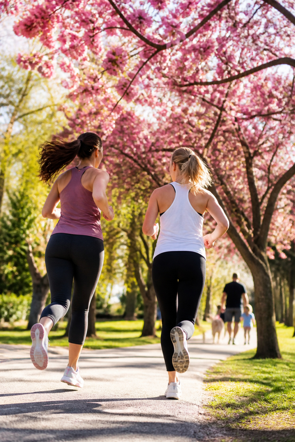 Two friends racing along a path in a park surrounded by flowering trees.