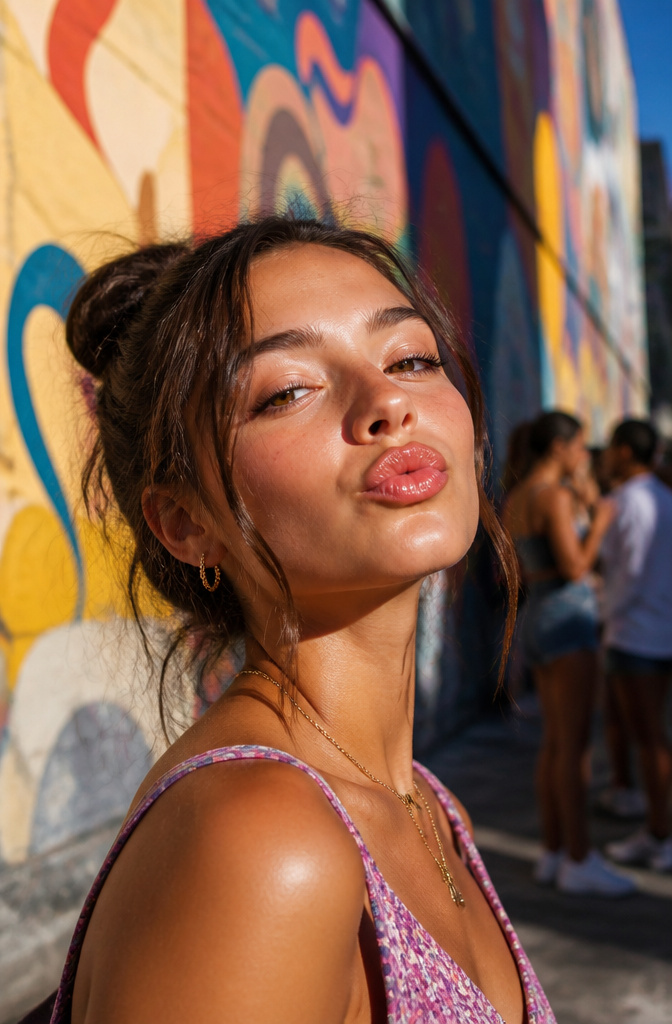 A model displaying glossy lips with lip gloss.