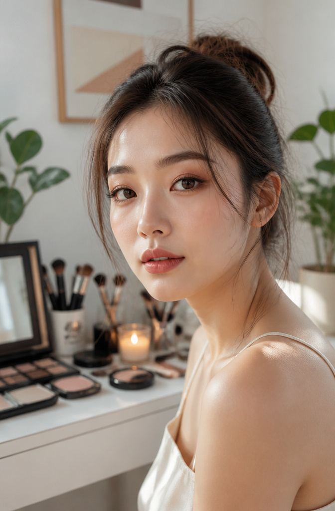 Model with soft smokey eye makeup in warm tones.