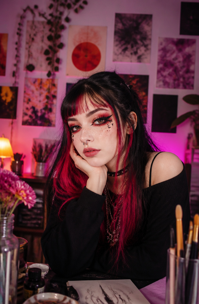 11 Makeup Girl Aesthetic Styles Set to Define 2026 6 Model with colorful hair and dramatic eyeliner in a vibrant room.