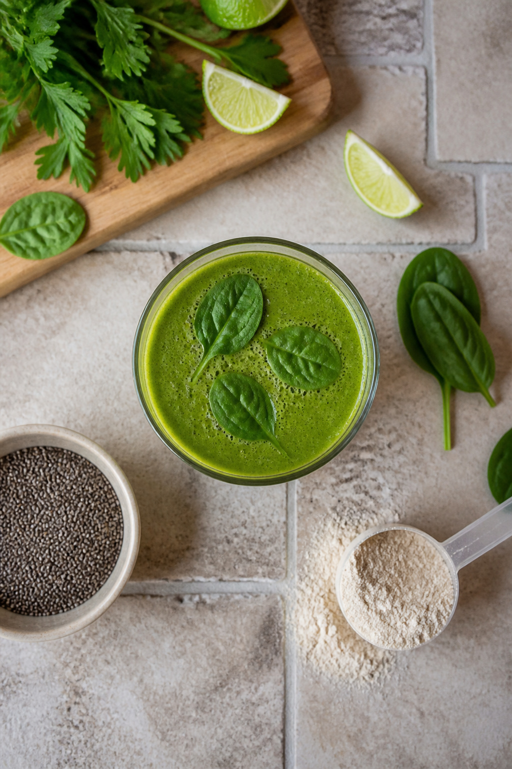 Green Spinach Detox Smoothie in a glass with chia seeds on the table.