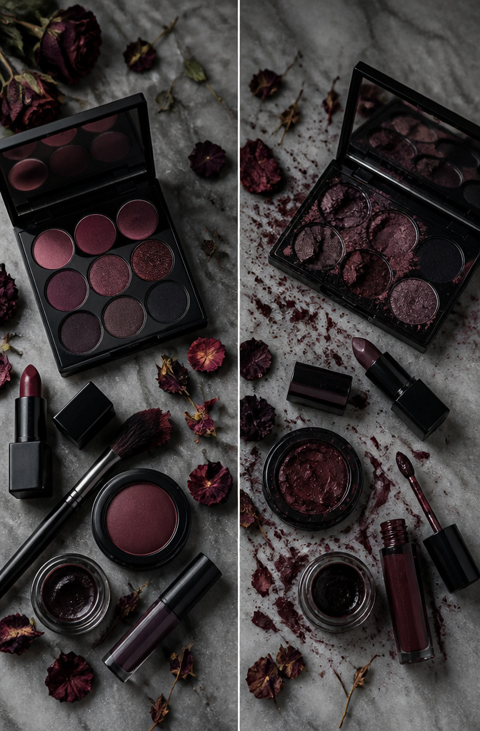 Makeup Dark Aesthetic: 5 Steps for Smoky Eyes, Plum Blush and Bold Lips 6 Makeup colors including burgundy, plum, and onyx arranged on a surface.