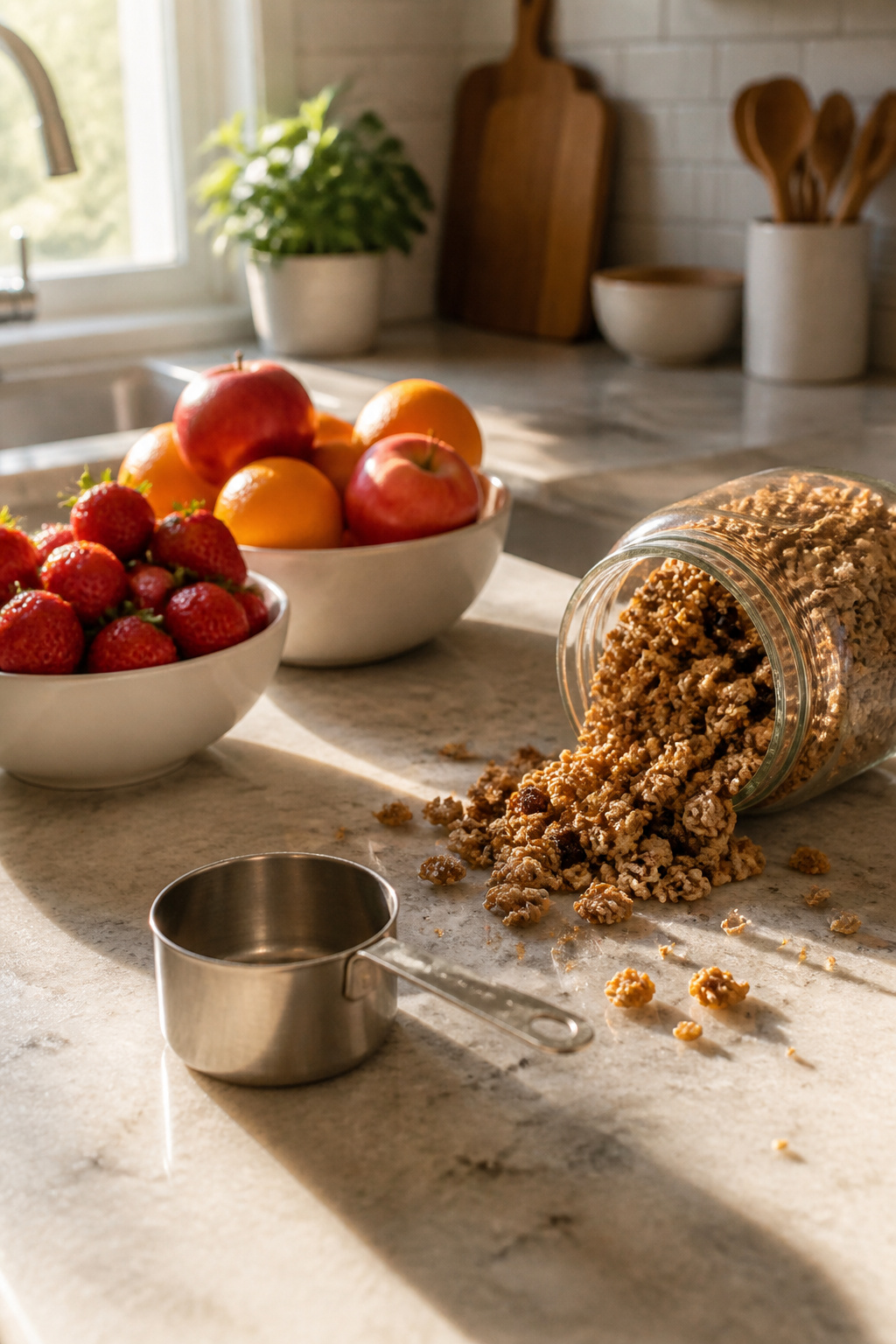 Bright fruits on a counter beside spilled sugary granola.