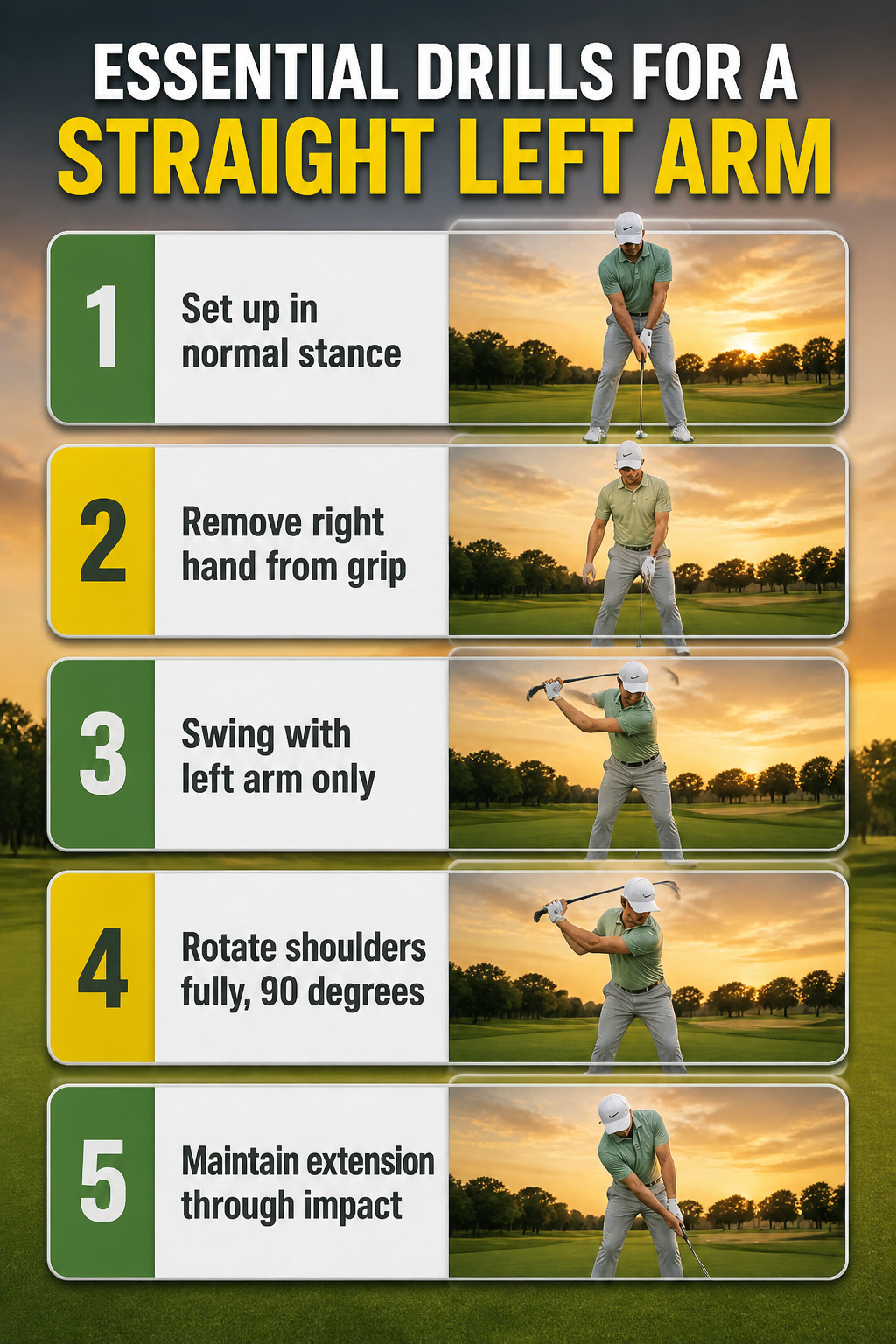 Golfer practices left-arm-only swing drill at driving range.
