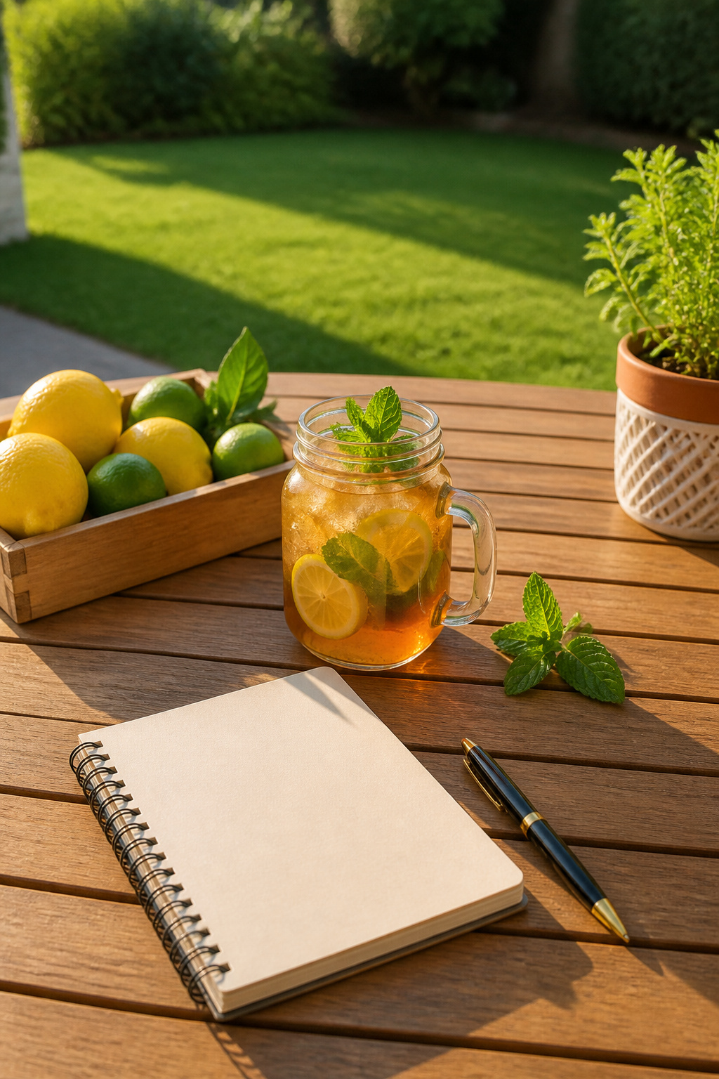 A jar of iced herbal tea with lemons and limes on a patio table.