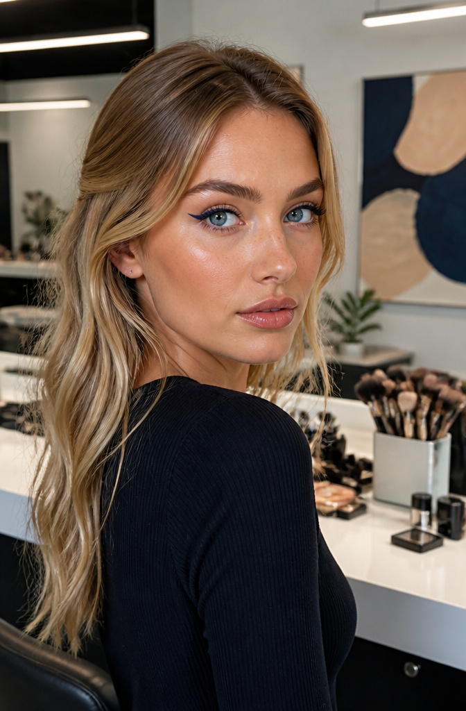 Close-up of a model's eyes defined by navy eyeliner.