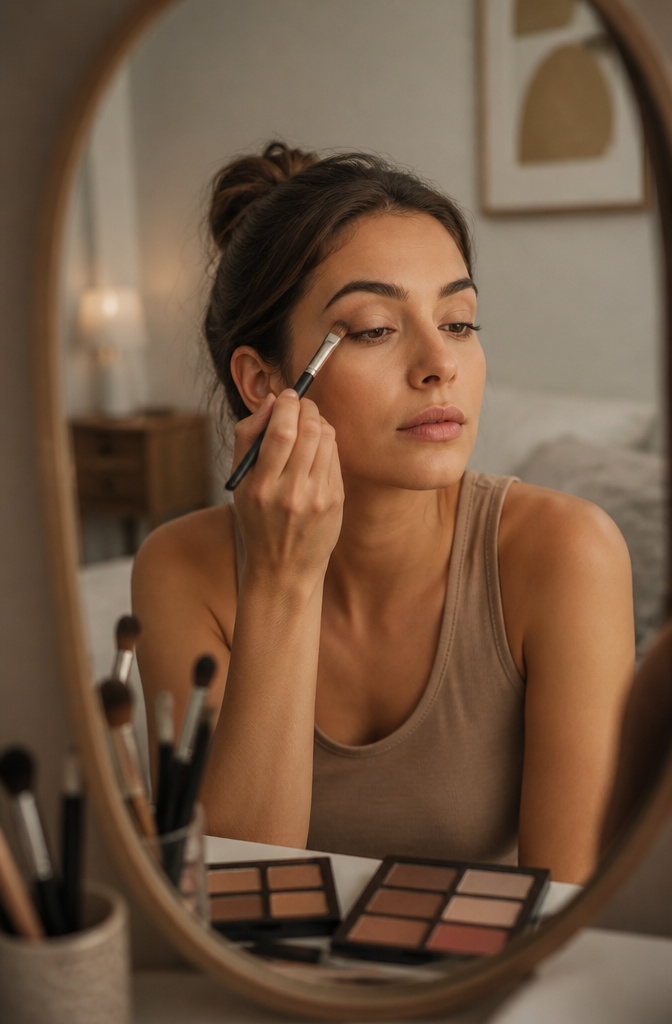 A model using a flat brush to apply taupe eyeshadow on her eyelid.