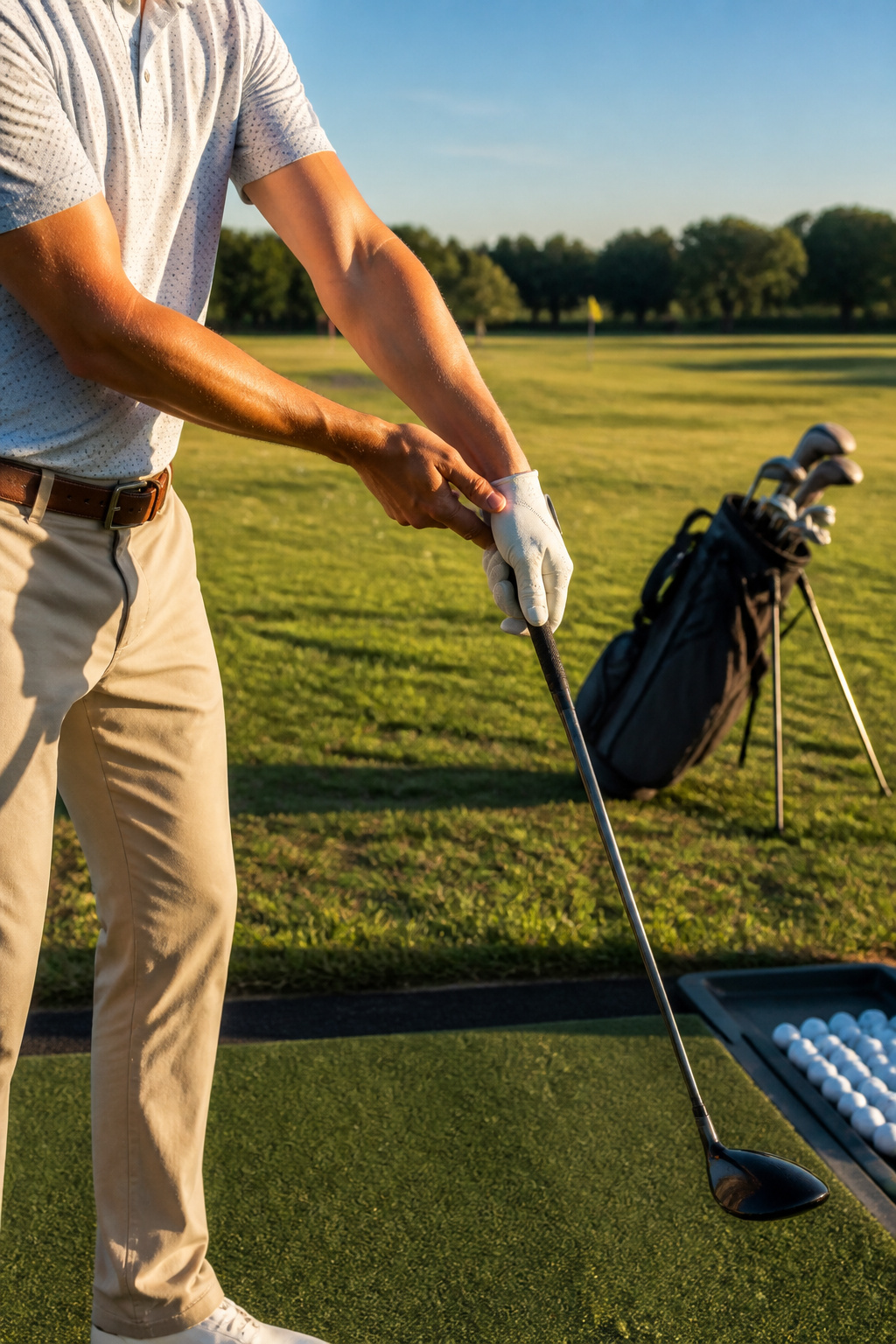 Golfer examines grip with straight left arm at the driving range.