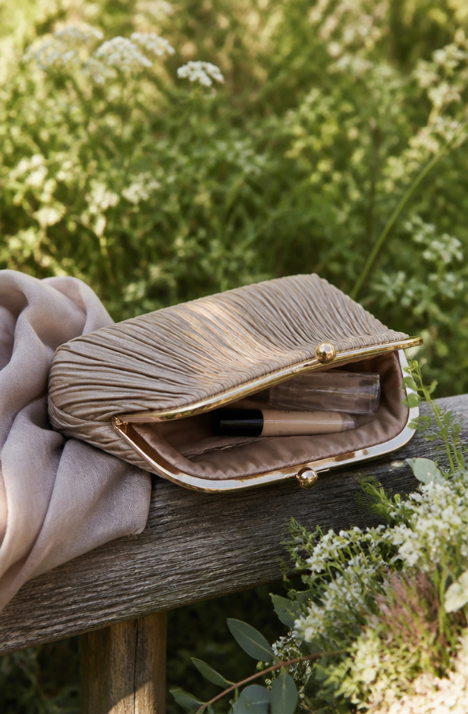 Bridesmaid's clutch with no-makeup makeup essentials.