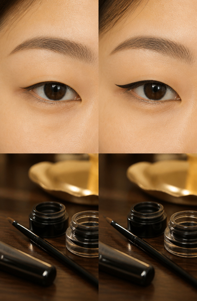 Monolid eye with eyeliner applied close to the lash line and extended wing.