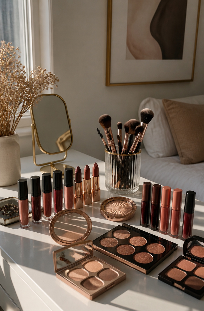 11 Makeup Girl Aesthetic Styles Set to Define 2026 7 Makeup products arranged on a vanity showcasing the Instagram Baddie look.