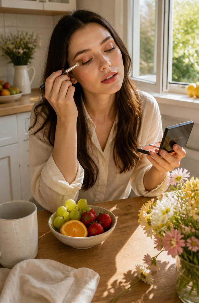A model with warm peach tones in her everyday eyeshadow look.
