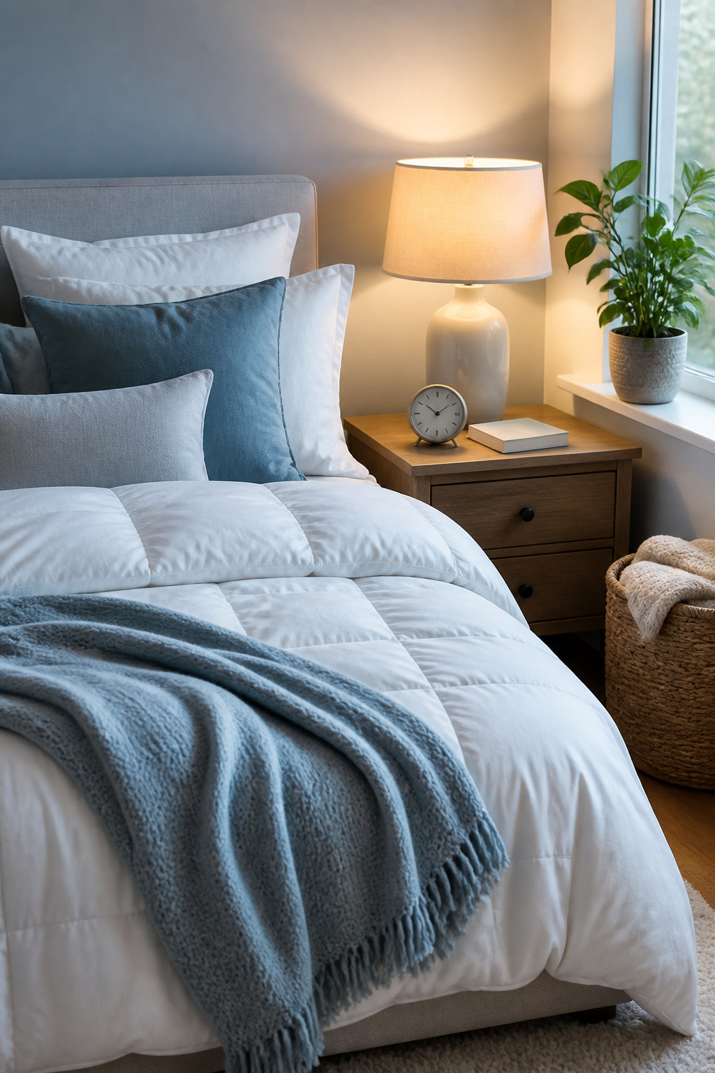 A bedroom with a bed, pillows, and a book on a bedside table.