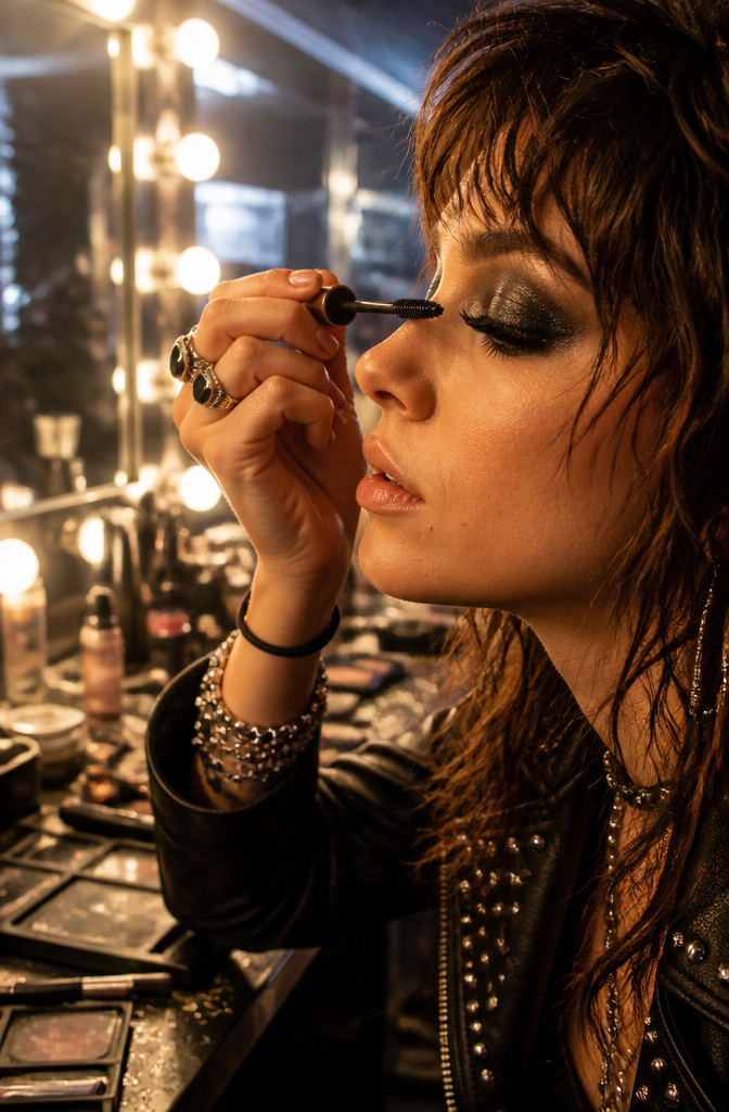 Model with thick mascara on top and bottom lashes.
