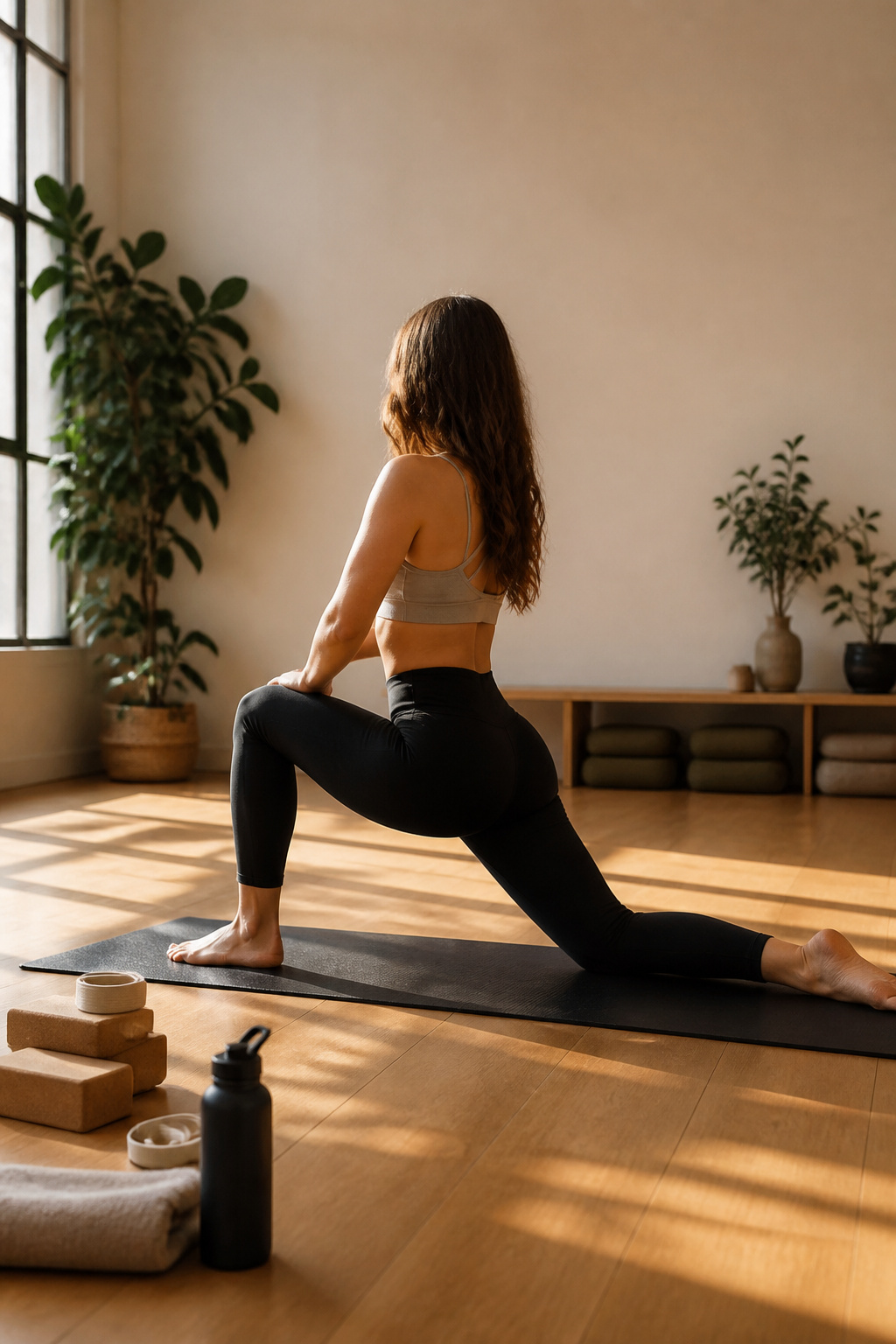 Individual demonstrating a low lunge stretch with front knee bent.