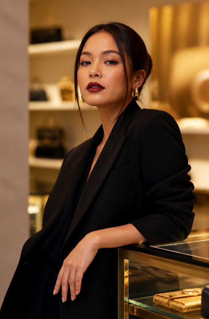 A model showcasing an oxblood lip look.
