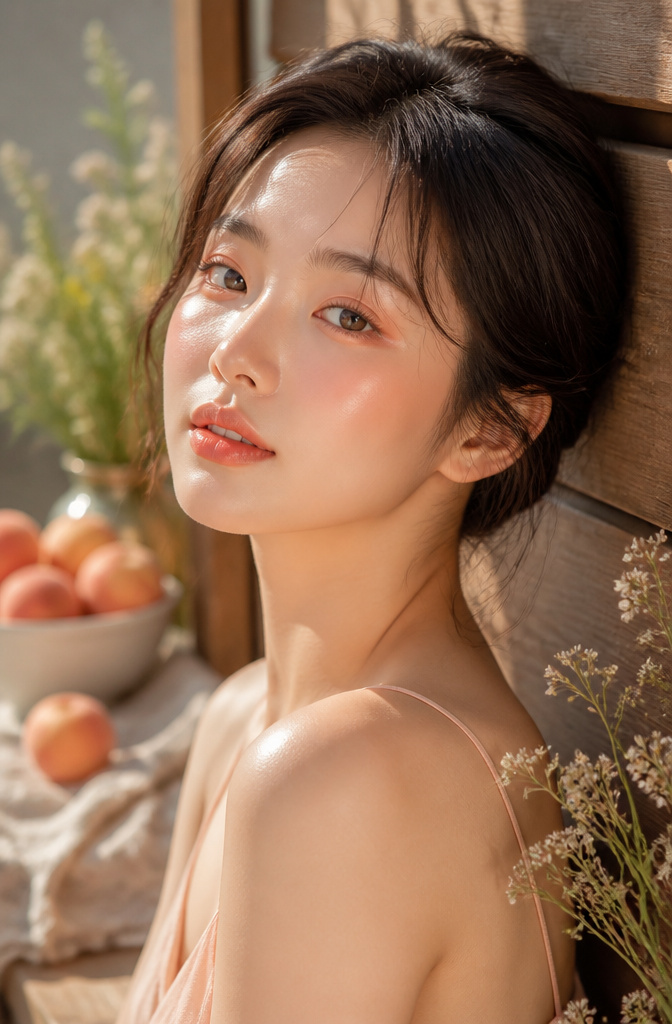 Model showcasing peach makeup on her eyes, cheeks, and lips.