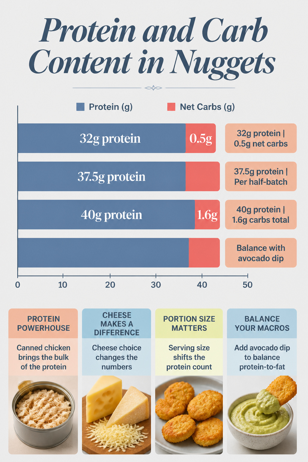 Information detailing protein and carb content in chicken nuggets.