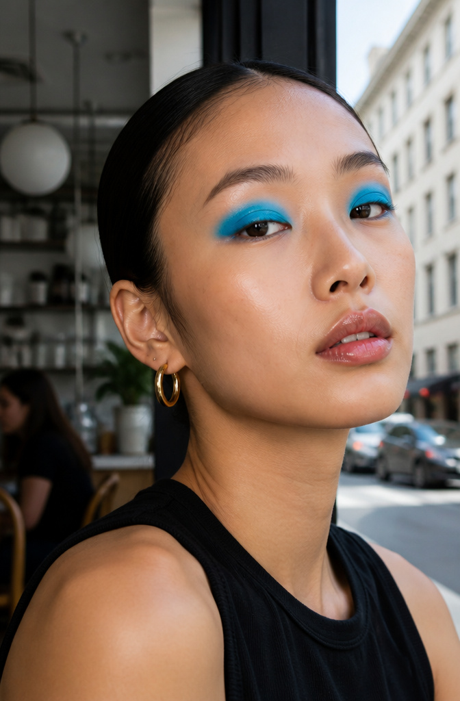 Model's eyes adorned with bright blue eyeshadow against minimal makeup.