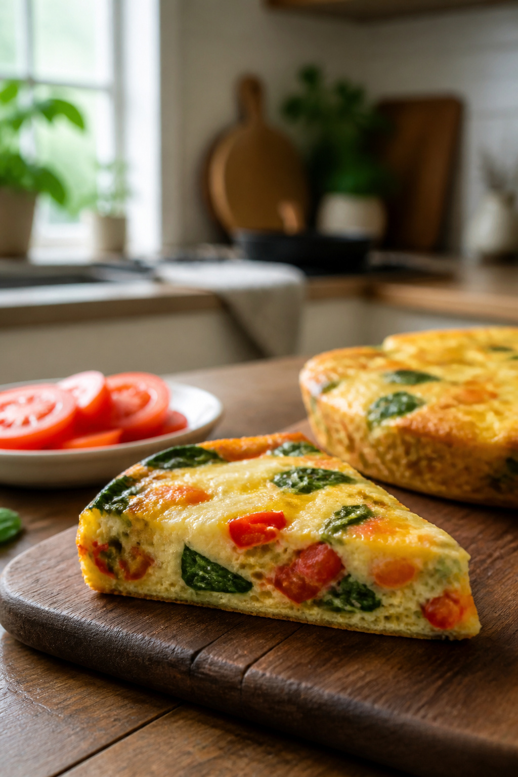 A slice of frittata with bell peppers, spinach, and cheese on a cutting board.