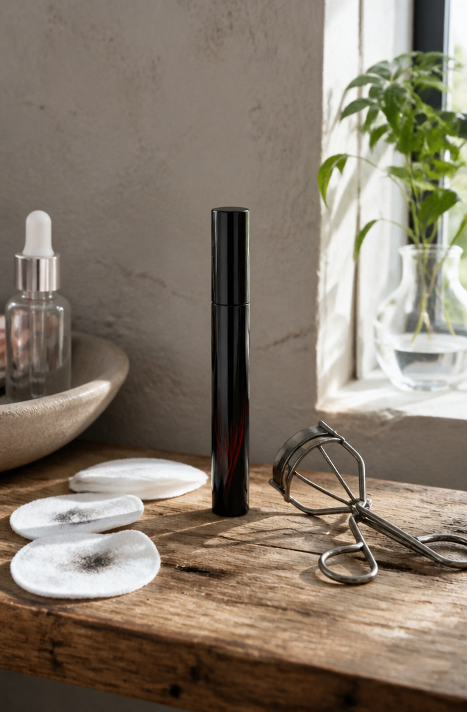 Clio Kill Lash Superproof Mascara on a rustic bathroom shelf.