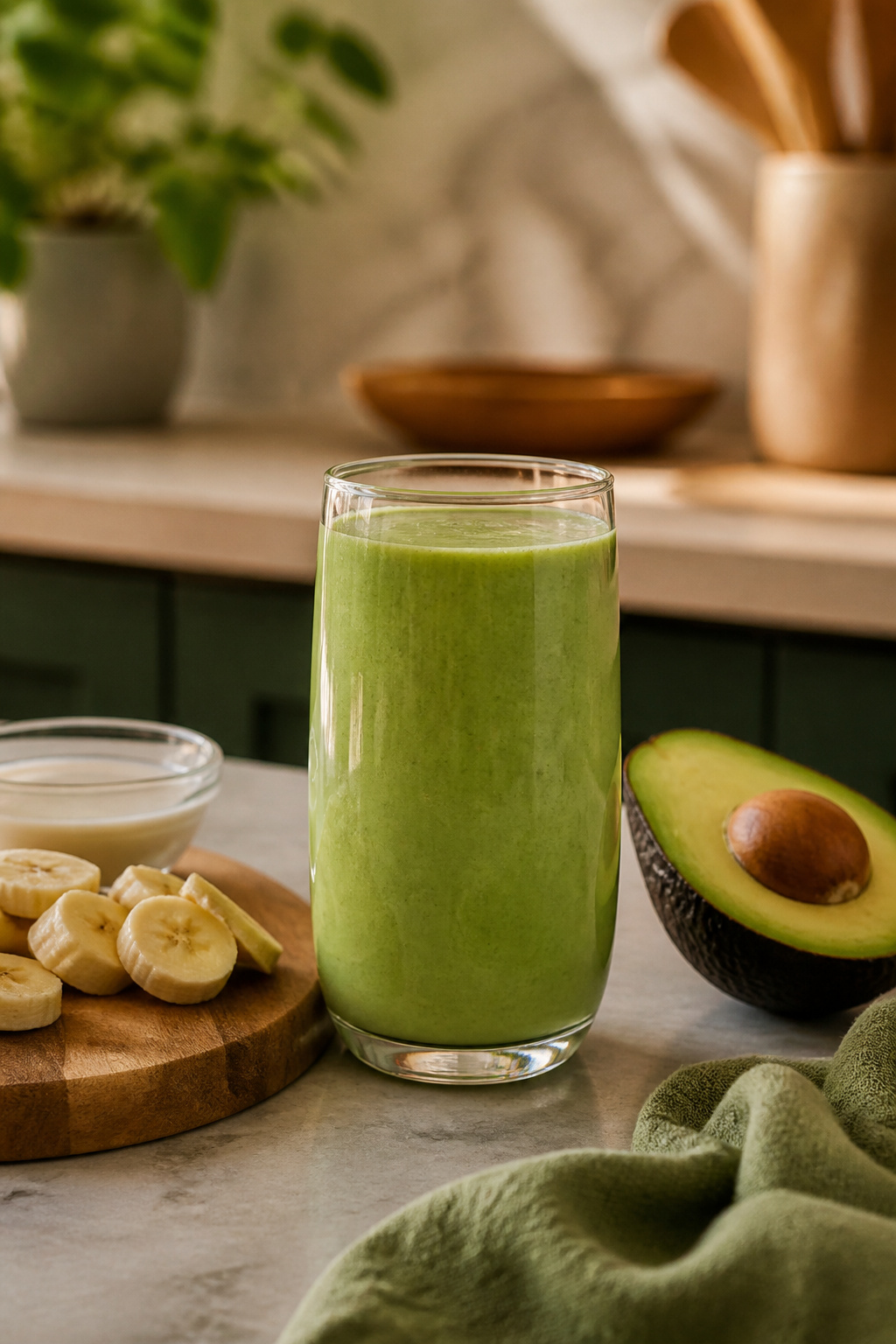 Avocado-Spinach Green Smoothie in a stylish glass with avocado on a wooden board.