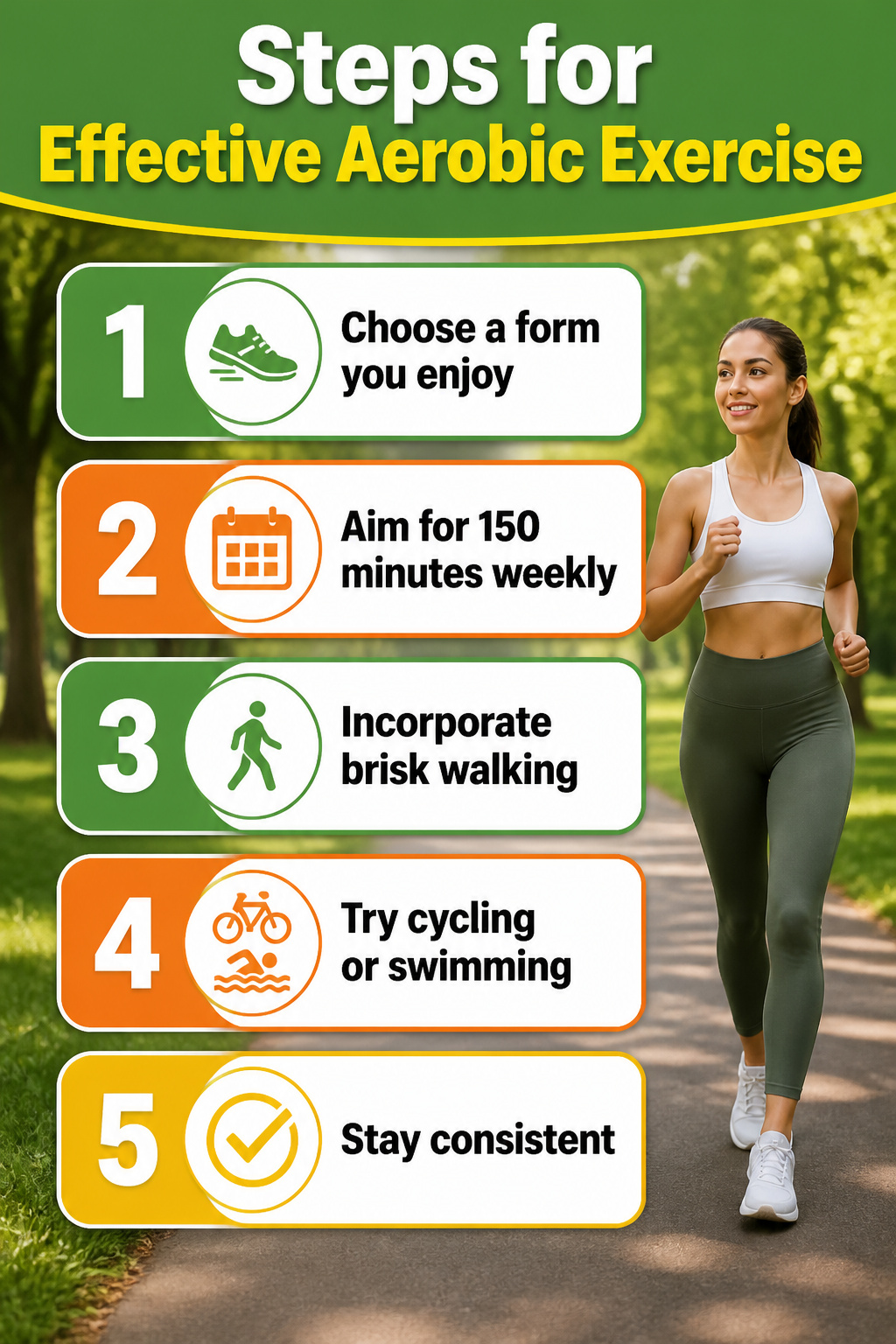 Steps for aerobic exercise displayed in a visually engaging format.