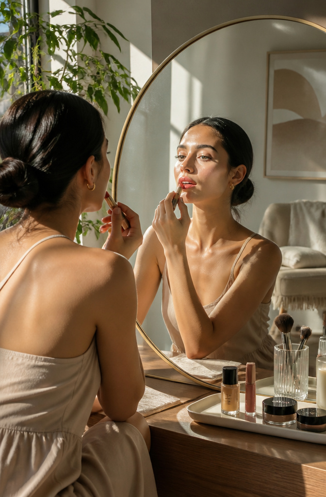 How to Achieve a Dewy Makeup Look: 7 Steps for 2026 7 Model applying tinted lip balm in a sunlit living space.
