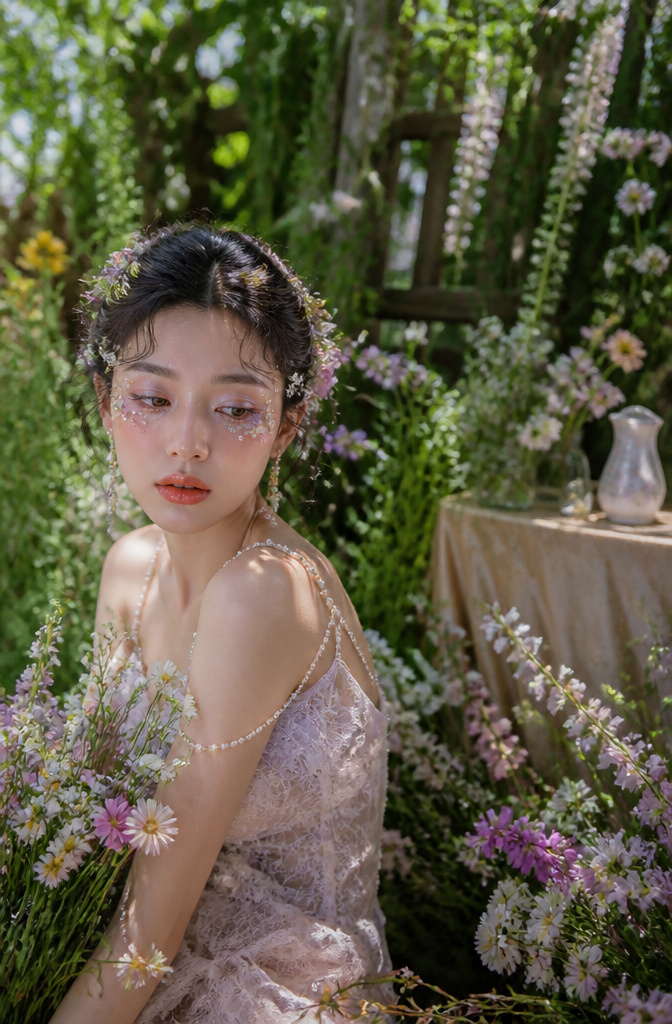 11 Makeup Girl Aesthetic Styles Set to Define 2026 8 Model with pastel makeup and floral accents in a botanical garden.