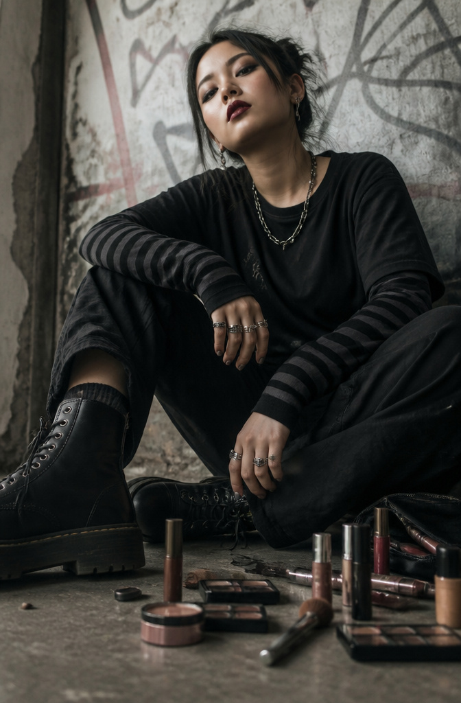 Model with grunge makeup featuring dark liner and deep lip color.