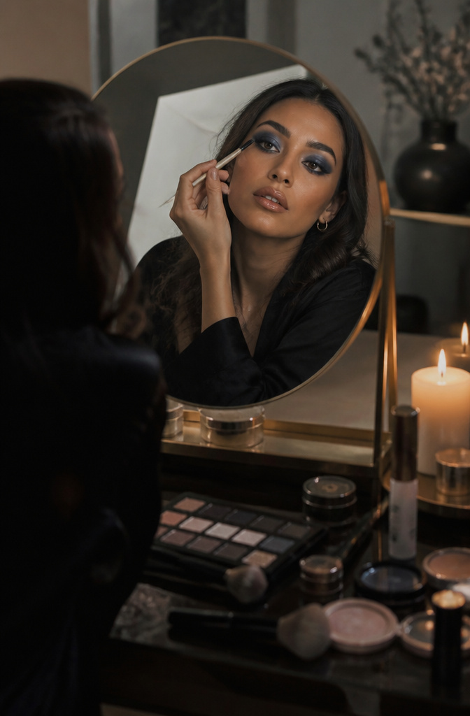 Model's eyes highlighted with deep navy blue eyeshadow.