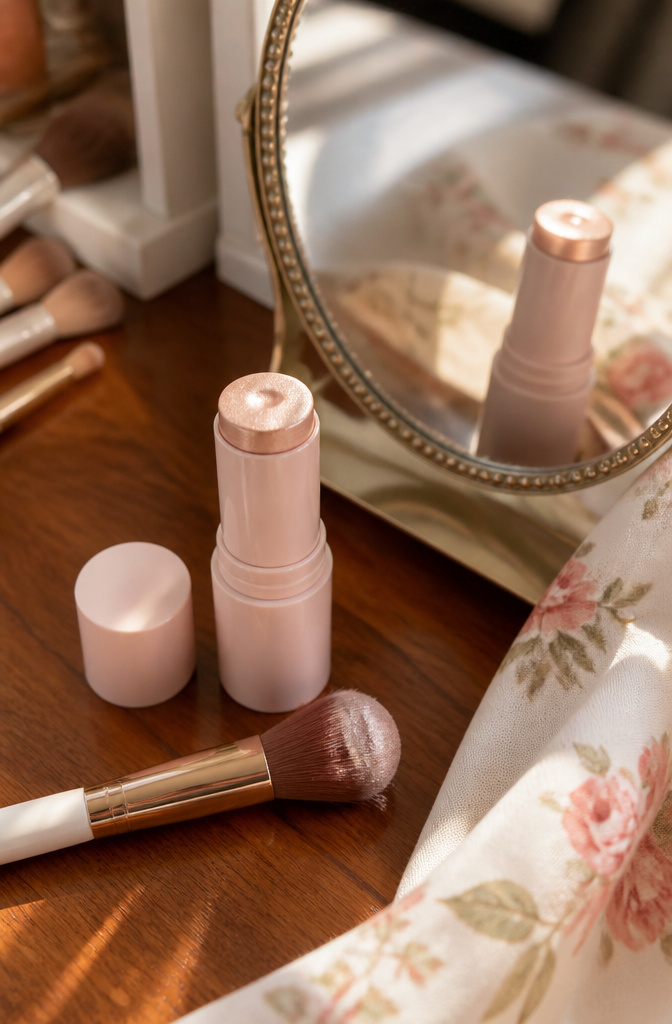 Glint Stick Highlighter placed near a mirror and brushes.