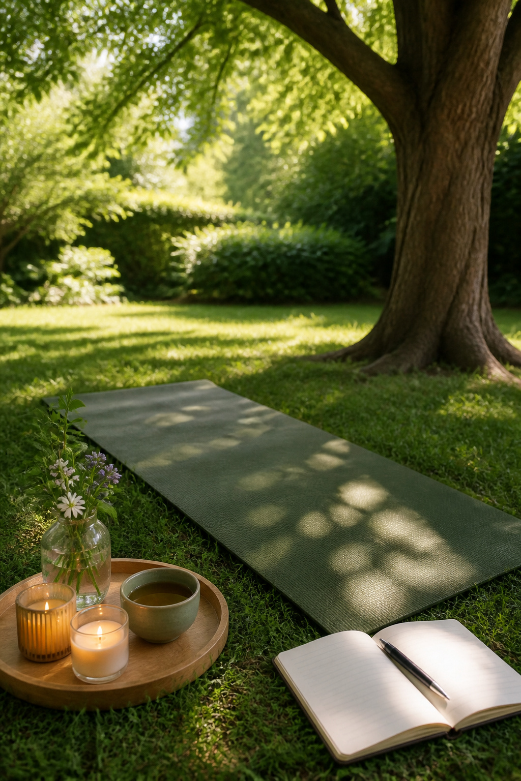A yoga mat on grass under a tree with candles and herbal tea.