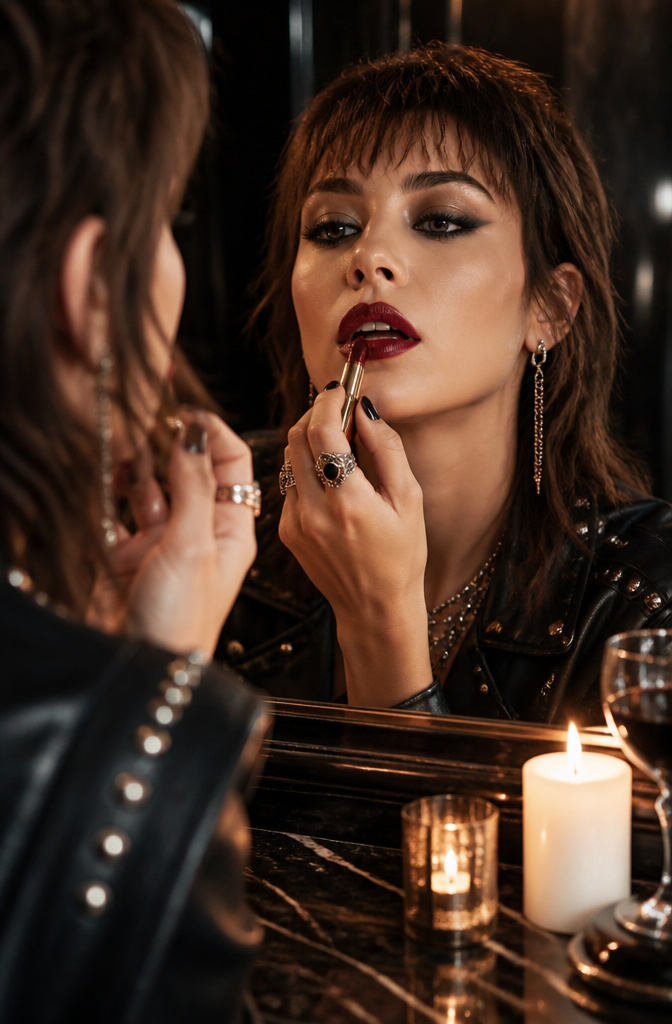 Model applying shiny dark lip color.
