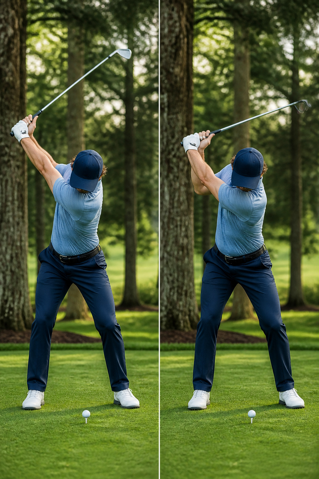 Golfer demonstrates wrist hinge with straight left arm.